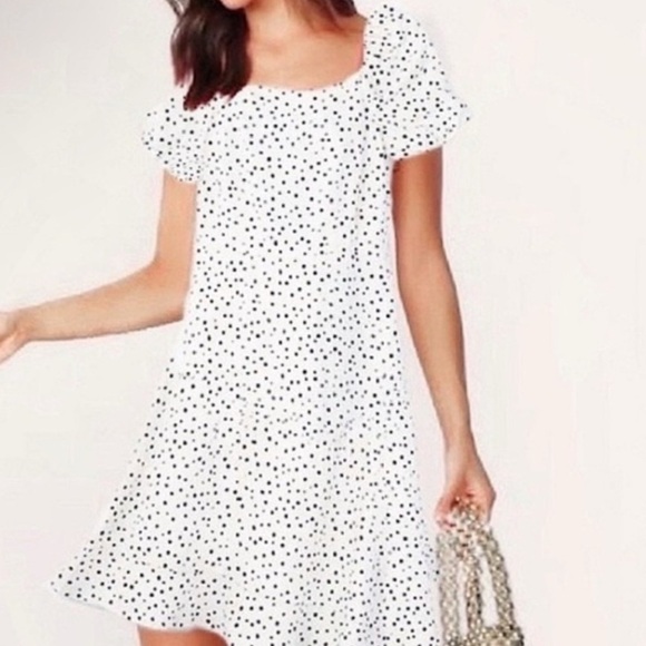 NWT! Loft Linen Blend Cream Black Polka Dots Fit & Flare Mini Dress US 6 - Picture 1 of 12